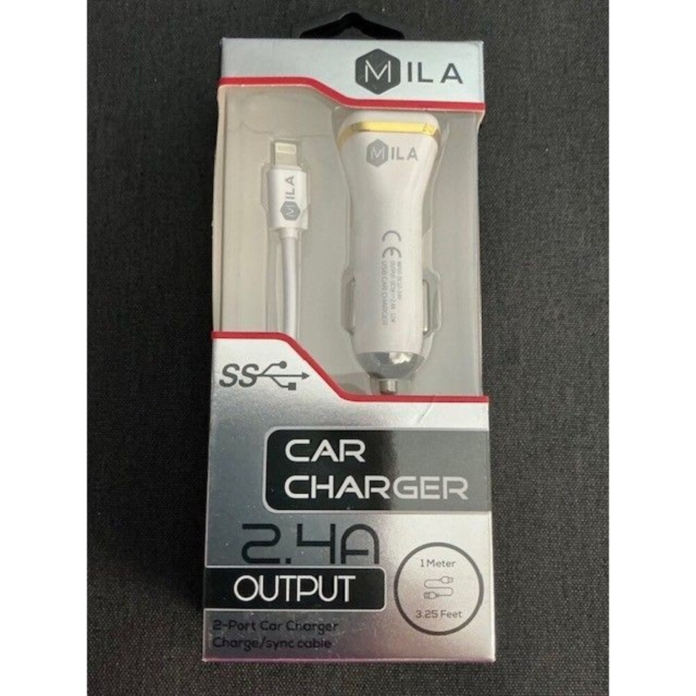 MILA Car Charger 2.4 A Output 2 Port 3.2 FT White IOS & Android Devices